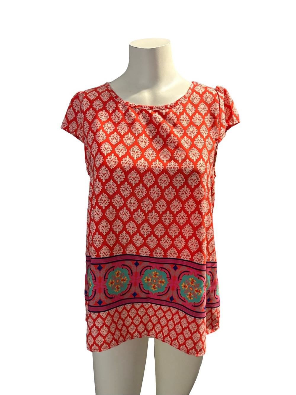 Gianni Bini Coral-Red and Pink Printed Short-Sleeve Blouse